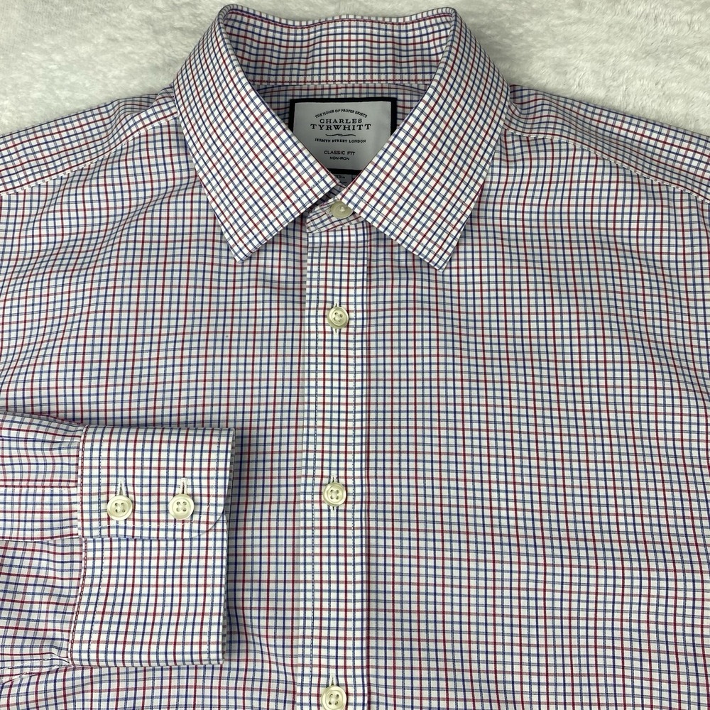 Charles Tyrwhitt Dress Shirt Mens 16-33 Red/White/Blue Check Classic Fit No Iron